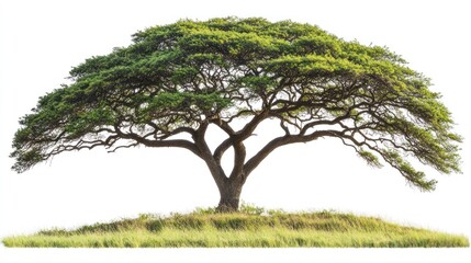 Obraz premium Lush, sprawling tree on grassy knoll, isolated on white.