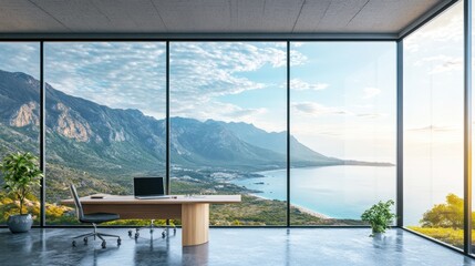 Modern office with panoramic mountain and ocean view.