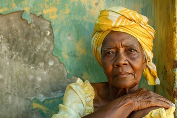 Portrait of a thoughtful senior african woman wearing a headscarf and traditional clothing, posing against a weathered wall