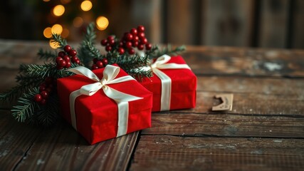 Festive red gifts adorned with white ribbons, nestled amongst a vibrant evergreen sprig and red berries on a rustic wooden surface, illuminated by warm bokeh lights.