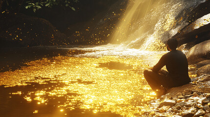 Fototapeta premium A shimmering river flowing with liquid gold, while a figure kneels beside it, symbolizing the abundance of resources and potential. 