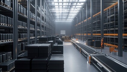Fototapeta premium Automated Warehouse: Conveyor Belts Transport Packages Efficiently in Modern Logistics