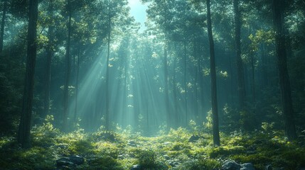Obraz premium Sunlit forest path, misty green trees, magical scene.