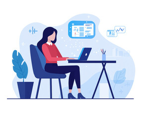 A businesswoman working on laptop on a transparent background, artwork