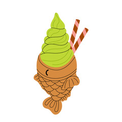 Taiyaki with matcha ice cream. Green tea. Japanese traditional dessert. Flat vector illustration on white background.