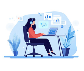 A woman with headset working on laptop in an office, artwork in a transparent background 