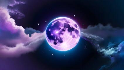 Abstract background with a vibrant, glowing moon suspended in a starry, midnight blue space, surrounded by swirling clouds of purple and silver gas, with subtle, shimmering nebulae in the distance, an