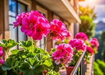 Vibrant Pink Pelargoniums Blooming on a Sunny Balcony