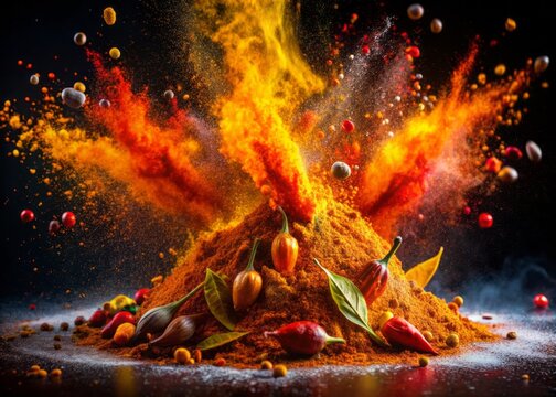 Frozen Spice Burst: Close-Up Macro Photography of Exploding Spices on Black