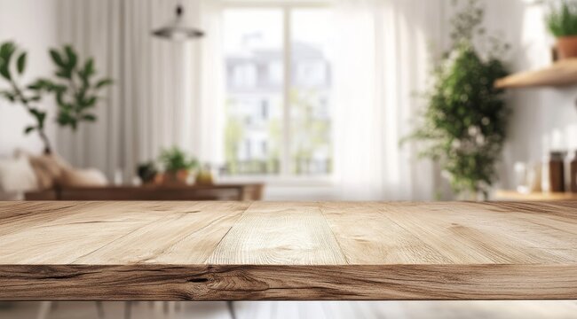 Empty wooden table in bright living room.