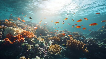 Vibrant coral reef teeming with colorful fish and sunlight filtering through the water.
