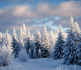 Naklejka premium Winter panorama landscape with a snow-covered forest and trees at sunrise. A winter morning marking the beginning of a new day. Winter landscape with sunset, panoramic view. 