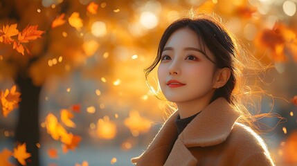 Fototapeta premium Golden Hour, Autumn Leaves, and Cozy Style