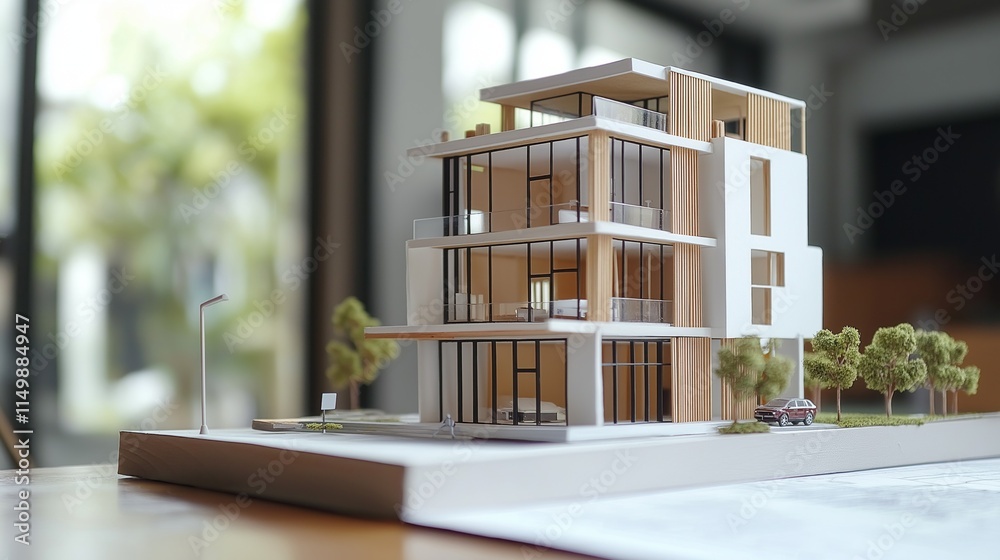 Poster a detailed architectural model of a contemporary building sits elegantly on a table in a well-lit wo