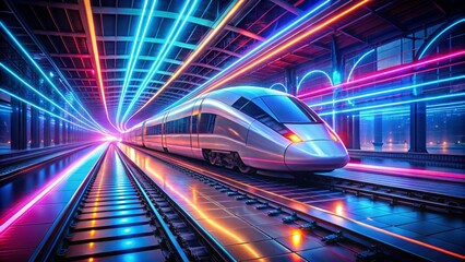 Fototapeta premium Futuristic Digital Train - Glowing Circuits, Neon Track, Sci-Fi Railway, High-Speed Transportation