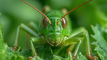 Close-up of a vibrant green grasshopper on a leaf.