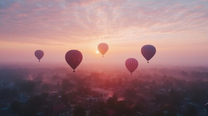 Fototapeta premium Five hot air balloons soar above a misty town at sunrise.