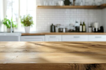 Sunny kitchen counter with wooden surface.