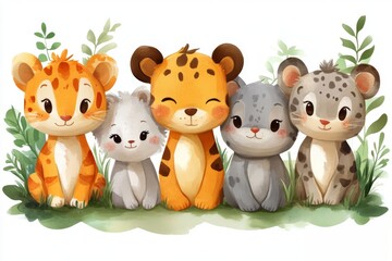 Naklejka premium Cute baby animals sitting in the grass, cartoon illustration