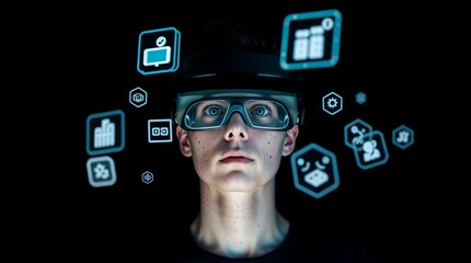 Person wearing VR glasses. Floating icons are visible around their head