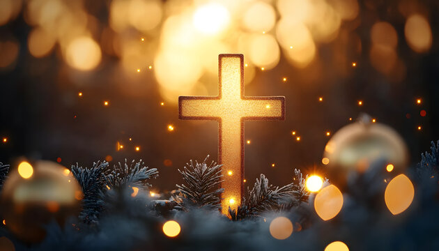 Felicitacion de navidad con la cruz católica iluminada por una luz dorada celestial
