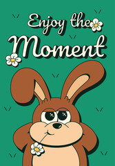 Enjoy the moment. Groovy rabbit character resting in a meadow of flowers, in a trendy retro, y2k cartoon style. Greeting card, poster, prints.