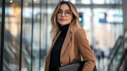 Obraz premium A businesswoman confidently walking through an airport terminal, carrying a designer briefcase, ready for an international business trip