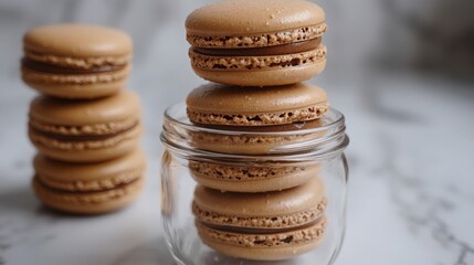 Delightful macarons stacked in a glass jar on a marble surface in soft lighting