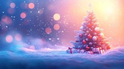 Obraz premium Magical Christmas tree in snowy scene with gifts.