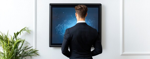 A man in a suit observes a digital display featuring abstract blue visuals, set against a modern white wall with greenery nearby.