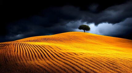 Golden Wheat Fields Under a Dramatic Dark Sky with a Lone Tree on the Horizon, Showcasing Contrasting Light and Shadows, Nature's Beauty in a Serene yet Moody Landscape