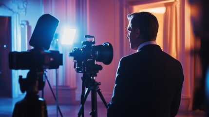 A confident CEO giving an interview to the press, microphones and cameras in front, professional backdrop