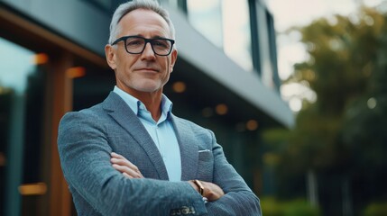 Fototapeta premium Confident Businessman in Smart Casual Attire Outside Modern Office