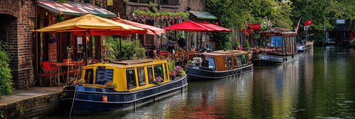 Obraz premium Colorful canal boats moored at riverside cafes.