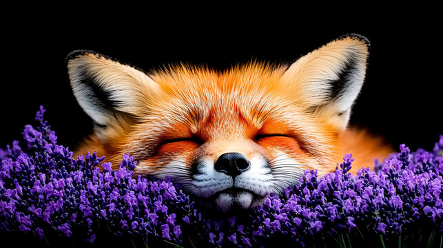 close up of red fox resting peacefully among vibrant lavender flowers, showcasing its serene expression and beautiful fur. contrast with dark background enhances tranquil scene