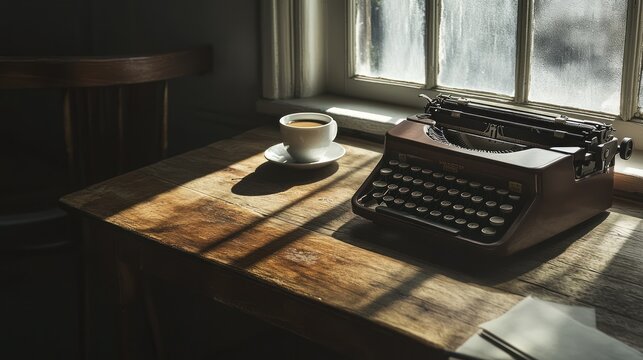 Vintage typewriter and coffee cup on wooden desk by window.