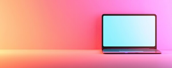 A minimalist laptop sits on a vibrant gradient background, featuring hues of pink and orange, with a blank screen awaiting content.