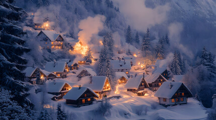 Fototapeta premium Snowy village at dusk with warmly lit cabins nestled among evergreen trees in a serene winter landscape