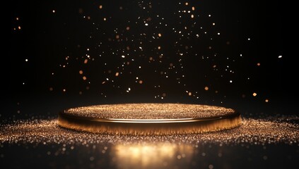 Gold round podium with glittering particles on dark background.