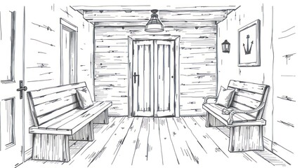 Rustic Wooden Hallway With Benches And A Door
