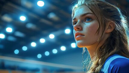 Focused female volleyball player gazing intently during a high school volleyball match under bright gymnasium lights