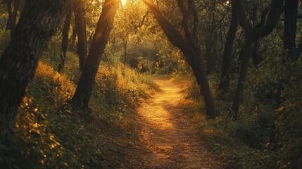Obraz premium Sunlit path winding through a lush forest, golden hour light.