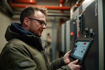 Technician inspecting control panel with digital tablet in server room
