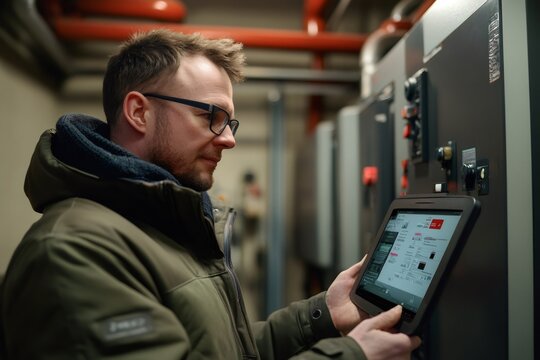 Technician inspecting control panel with digital tablet in server room