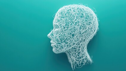 Abstract Head Sculpture: Intricate Lines, Complex Design, White Threads, Teal Background, Artistic Representation, Conceptual Art