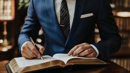 Professional Man in Formal Suit Concentrating on Writing in Old Book with Deep Focus and Intellectual Atmosphere in a Quiet Study Environment