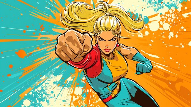 A strong female superhero with blonde hair punches towards the camera in a comic book style.