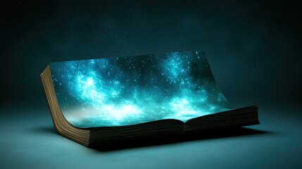 A fantastical book reveals a swirling galaxy, blending literature with the cosmos in a captivating visual representation.