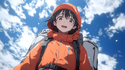 Anime Girl Illustration, Hiking Backpack, Sunny Sky