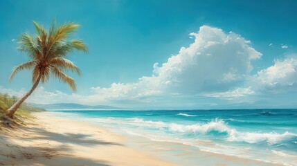 Obraz premium Serene beach scene; palm tree, ocean waves, sunny sky.